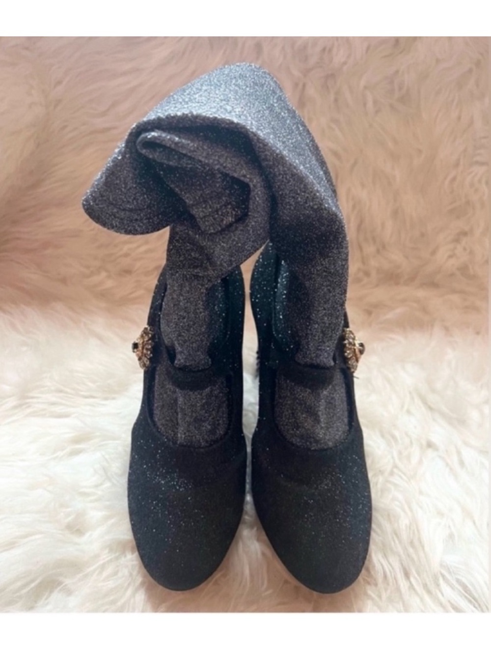 Dolce & Gabbana Crystal Mary Jane Glitter Sock Boots in Black Grey 105mm - Picture 7 of 11